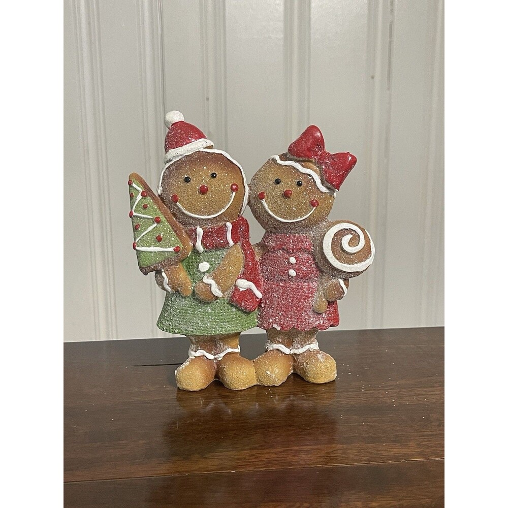 Gingerbread Couple Peppermint Resin Figurine Holiday Christmas Tabletop Decor 7”